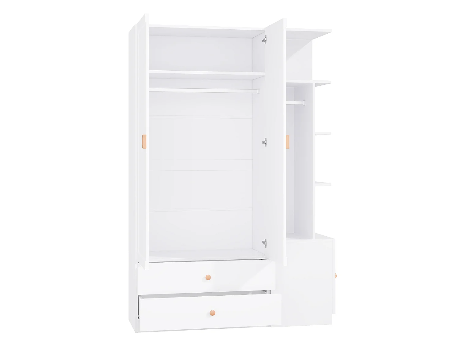 Großer Kleiderschrank 135x200 cm mit Griffen aus Massivholz - XXL-Aufbewahrungsschrank mit 2 Kleiderstangen & 2 Schubladen - Weiß