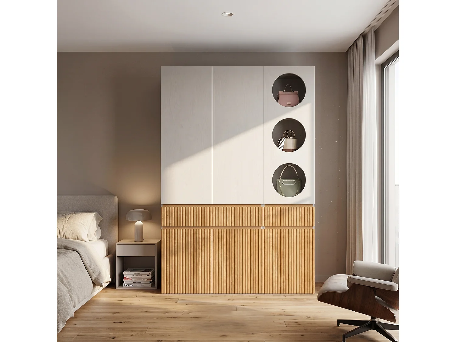 Large 135x200 cm Wardrobe - Storage Cabinet with 6 Doors, 1 Hanging Rail, Grooves & 2 Drawers, Scandinavian Style - Natural