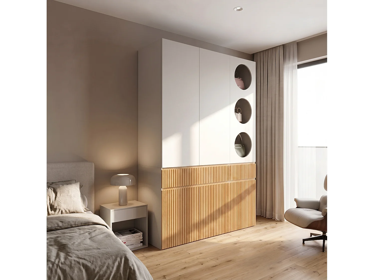 Large 135x200 cm Wardrobe - Storage Cabinet with 6 Doors, 1 Hanging Rail, Grooves & 2 Drawers, Scandinavian Style - Natural