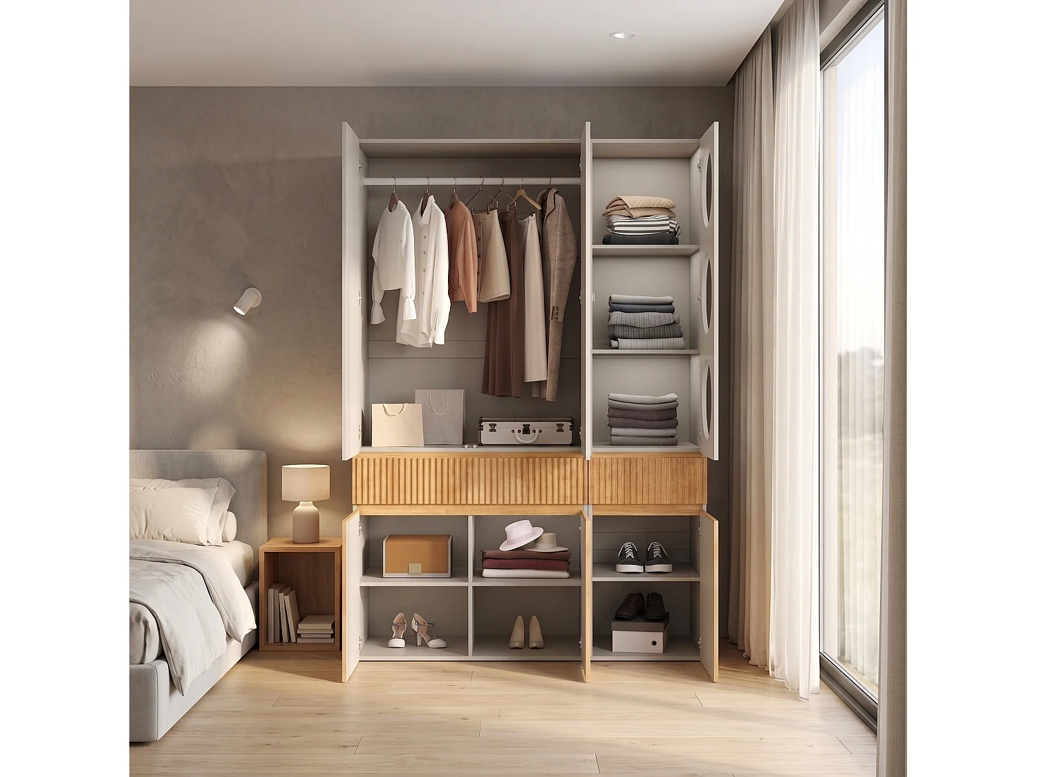 Large 135x200 cm Wardrobe - Storage Cabinet with 6 Doors, 1 Hanging Rail, Grooves & 2 Drawers, Scandinavian Style - Natural
