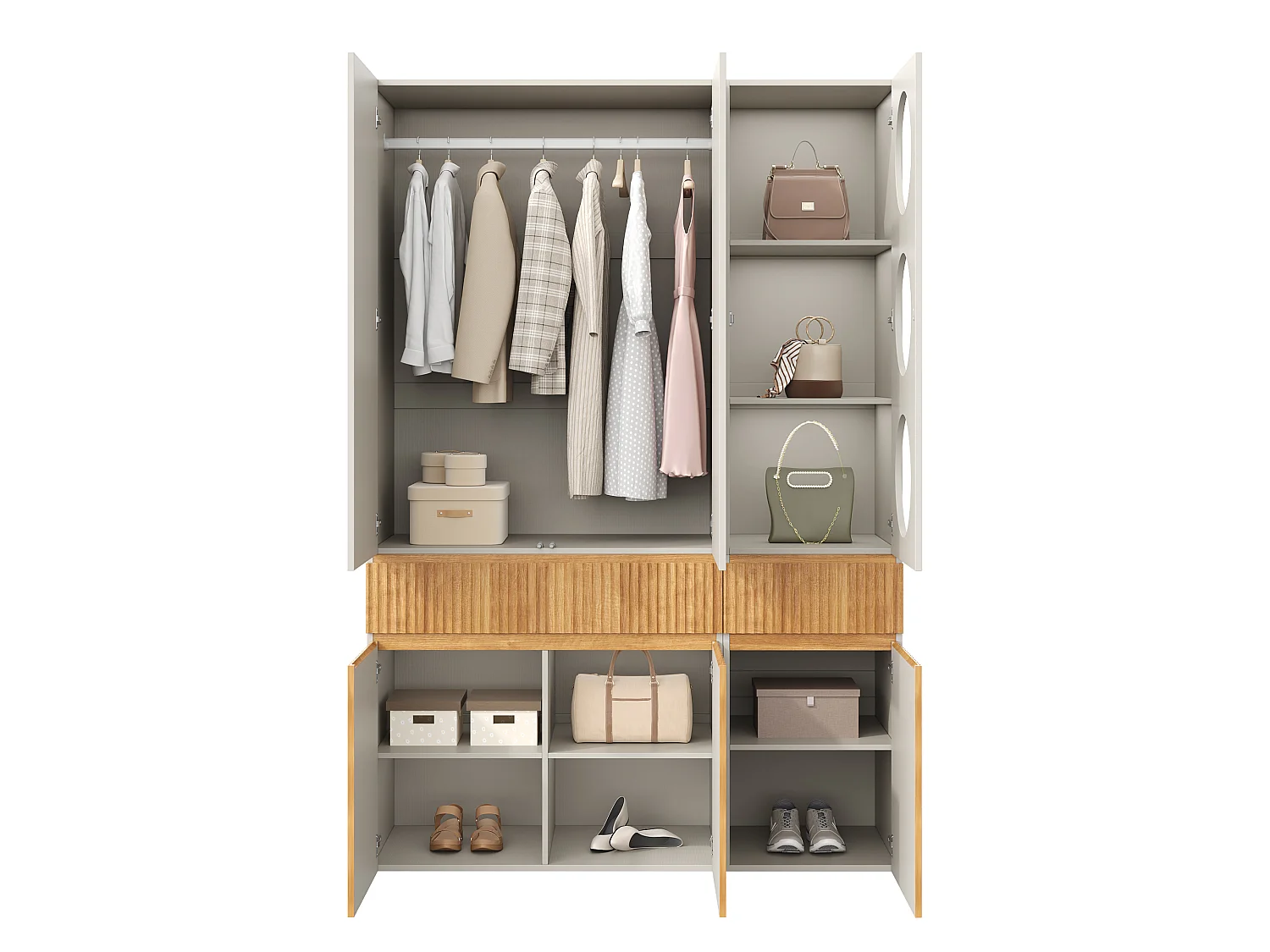 Large 135x200 cm Wardrobe - Storage Cabinet with 6 Doors, 1 Hanging Rail, Grooves & 2 Drawers, Scandinavian Style - Natural