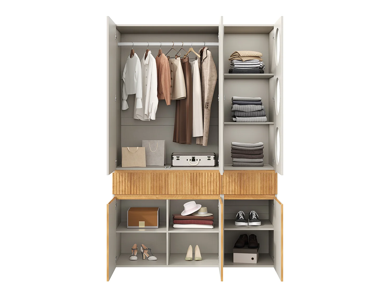 Large 135x200 cm Wardrobe - Storage Cabinet with 6 Doors, 1 Hanging Rail, Grooves & 2 Drawers, Scandinavian Style - Natural