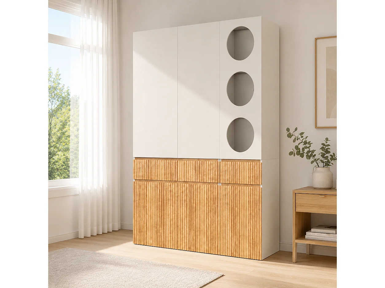Large 135x200 cm Wardrobe - Storage Cabinet with 6 Doors, 1 Hanging Rail, Grooves & 2 Drawers, Scandinavian Style - Natural