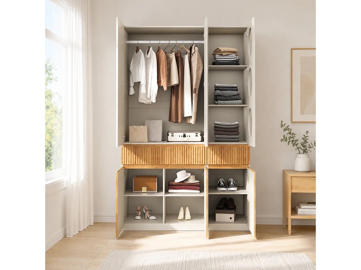 Large 135x200 cm Wardrobe - Storage Cabinet with 6 Doors, 1 Hanging Rail, Grooves & 2 Drawers, Scandinavian Style - Natural