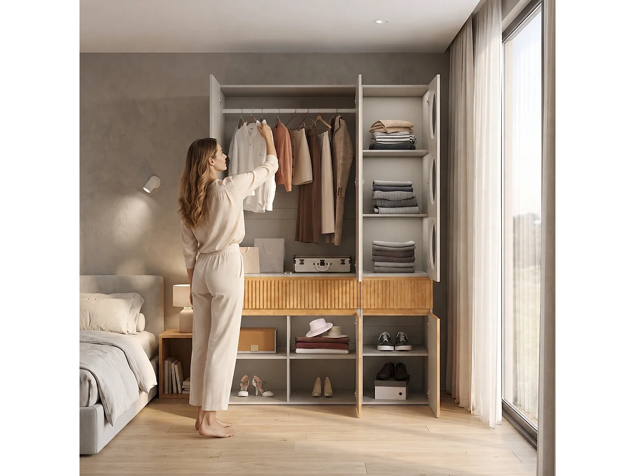 Large 135x200 cm Wardrobe - Storage Cabinet with 6 Doors, 1 Hanging Rail, Grooves & 2 Drawers, Scandinavian Style - Natural