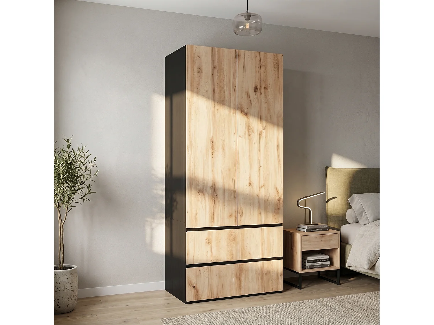 Kleiderschrank 90x200 cm - Moderner Aufbewahrungsschrank mit 2 Türen, 1 Kleiderstange, Einlegeboden & 2 Schubladen - Natur