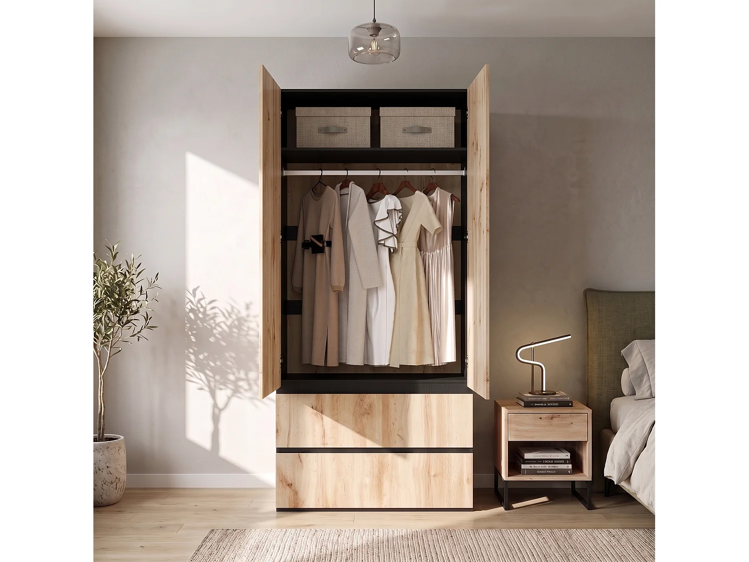 Kleiderschrank 90x200 cm - Moderner Aufbewahrungsschrank mit 2 Türen, 1 Kleiderstange, Einlegeboden & 2 Schubladen - Natur