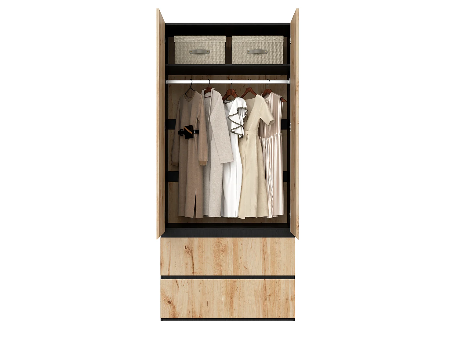 Kleiderschrank 90x200 cm - Moderner Aufbewahrungsschrank mit 2 Türen, 1 Kleiderstange, Einlegeboden & 2 Schubladen - Natur