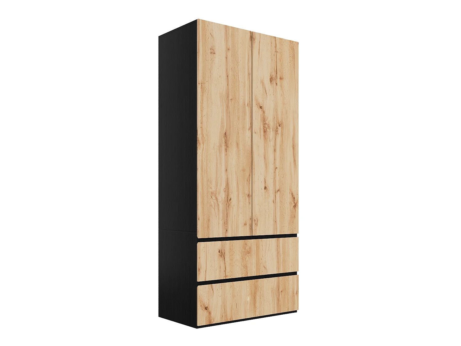 Kleiderschrank 90x200 cm - Moderner Aufbewahrungsschrank mit 2 Türen, 1 Kleiderstange, Einlegeboden & 2 Schubladen - Natur