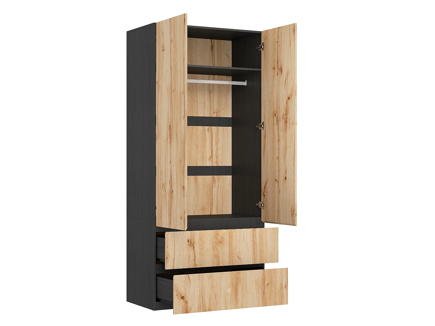 Kleiderschrank 90x200 cm - Moderner Aufbewahrungsschrank mit 2 Türen, 1 Kleiderstange, Einlegeboden & 2 Schubladen - Natur