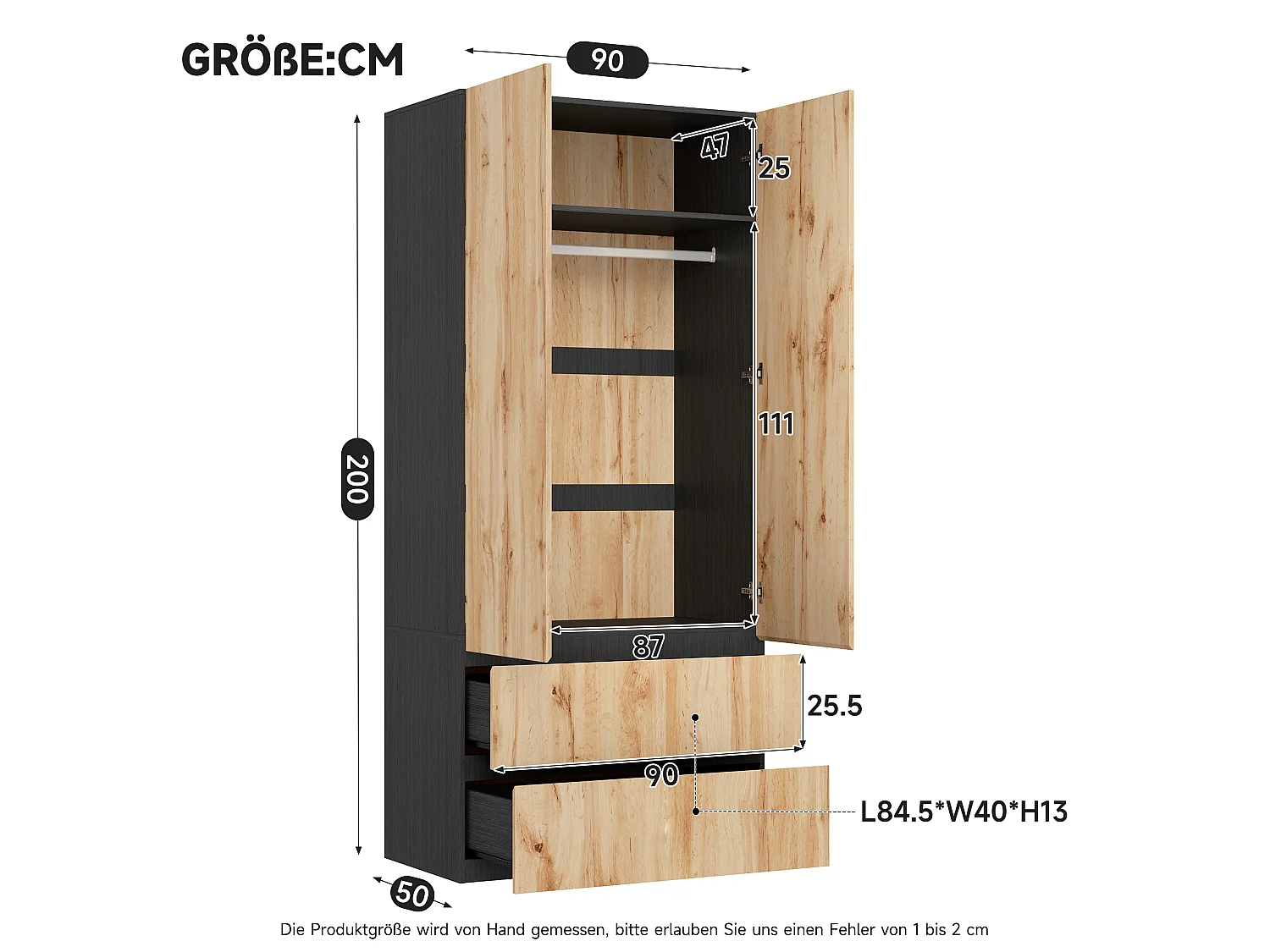Kleiderschrank 90x200 cm - Moderner Aufbewahrungsschrank mit 2 Türen, 1 Kleiderstange, Einlegeboden & 2 Schubladen - Natur