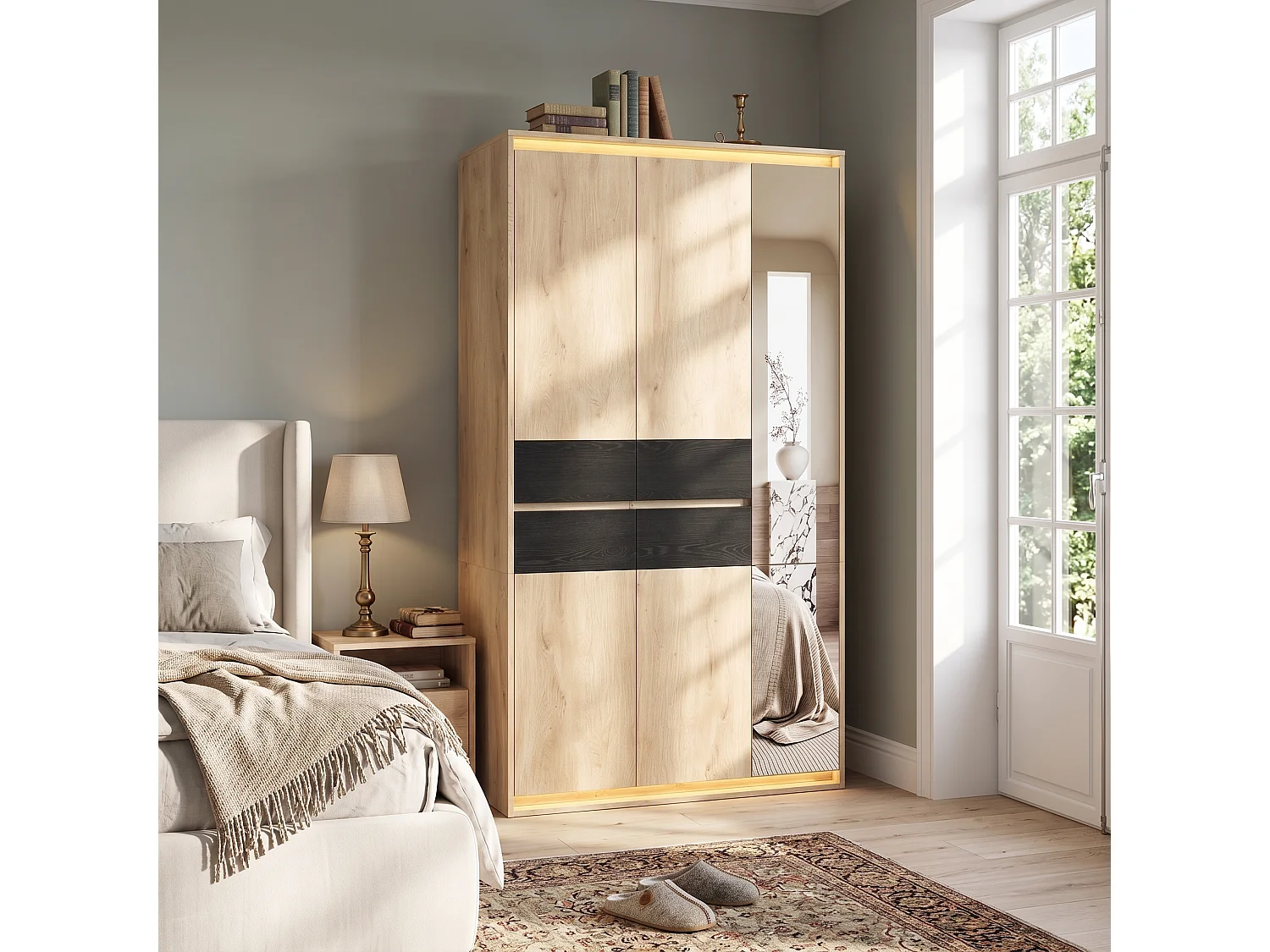 Armoire Penderie 110x200cm en Chêne avec Miroir & LED - Grand Meuble de Rangement avec 2 Tringles, 4 Tiroirs & 9 Niches - Naturel
