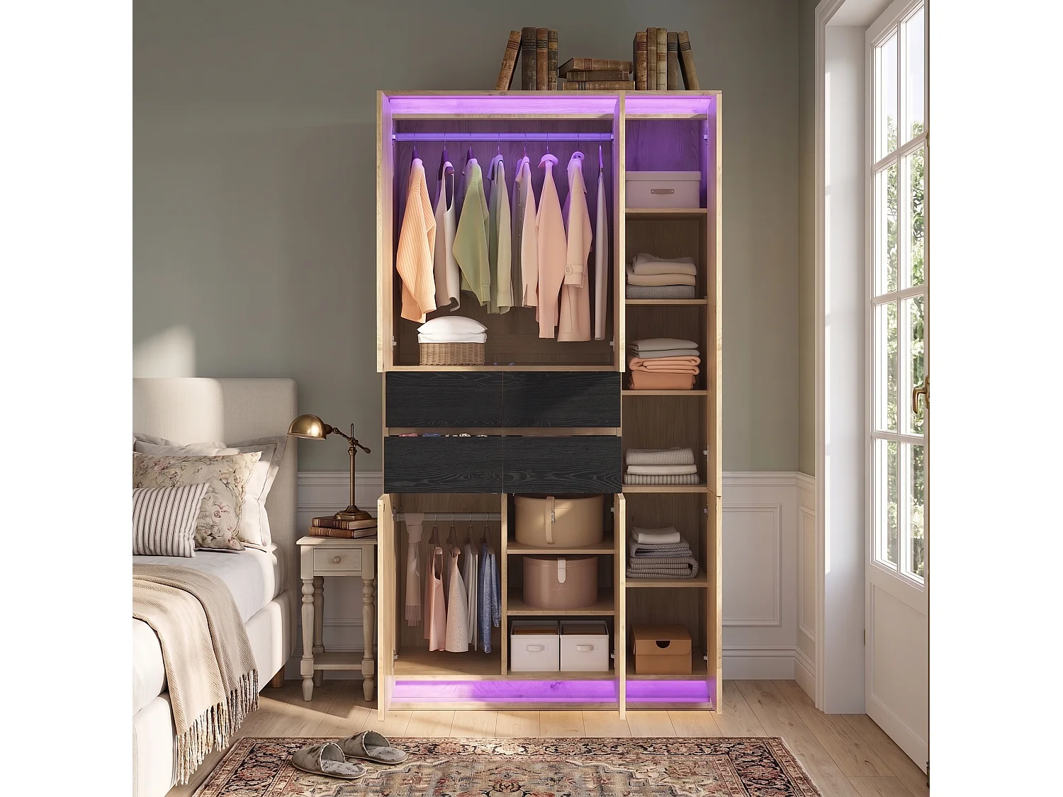 Armoire Penderie 110x200cm en Chêne avec Miroir & LED - Grand Meuble de Rangement avec 2 Tringles, 4 Tiroirs & 9 Niches - Naturel