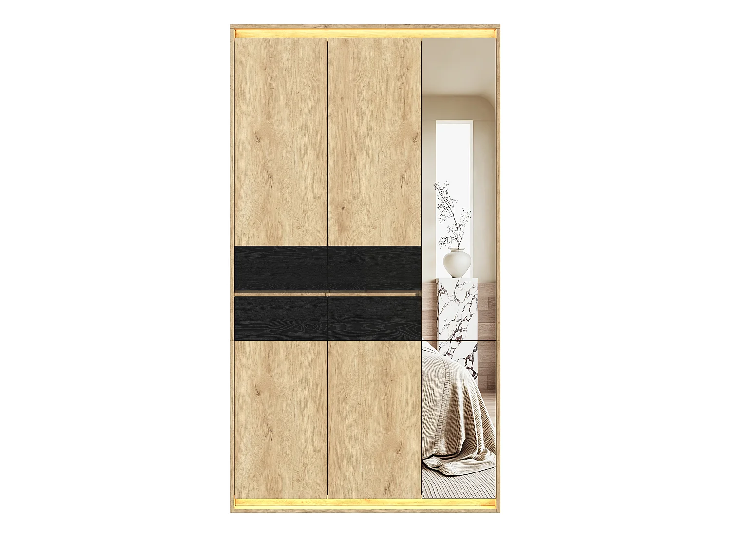 Armoire Penderie 110x200cm en Chêne avec Miroir & LED - Grand Meuble de Rangement avec 2 Tringles, 4 Tiroirs & 9 Niches - Naturel