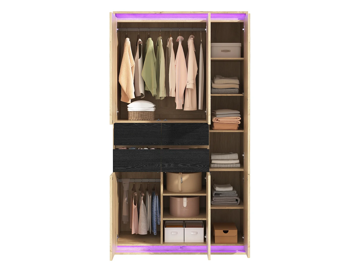 Armoire Penderie 110x200cm en Chêne avec Miroir & LED - Grand Meuble de Rangement avec 2 Tringles, 4 Tiroirs & 9 Niches - Naturel