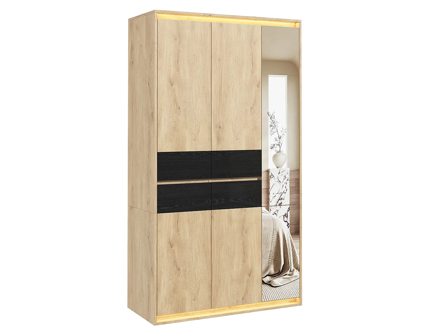 Armoire Penderie 110x200cm en Chêne avec Miroir & LED - Grand Meuble de Rangement avec 2 Tringles, 4 Tiroirs & 9 Niches - Naturel