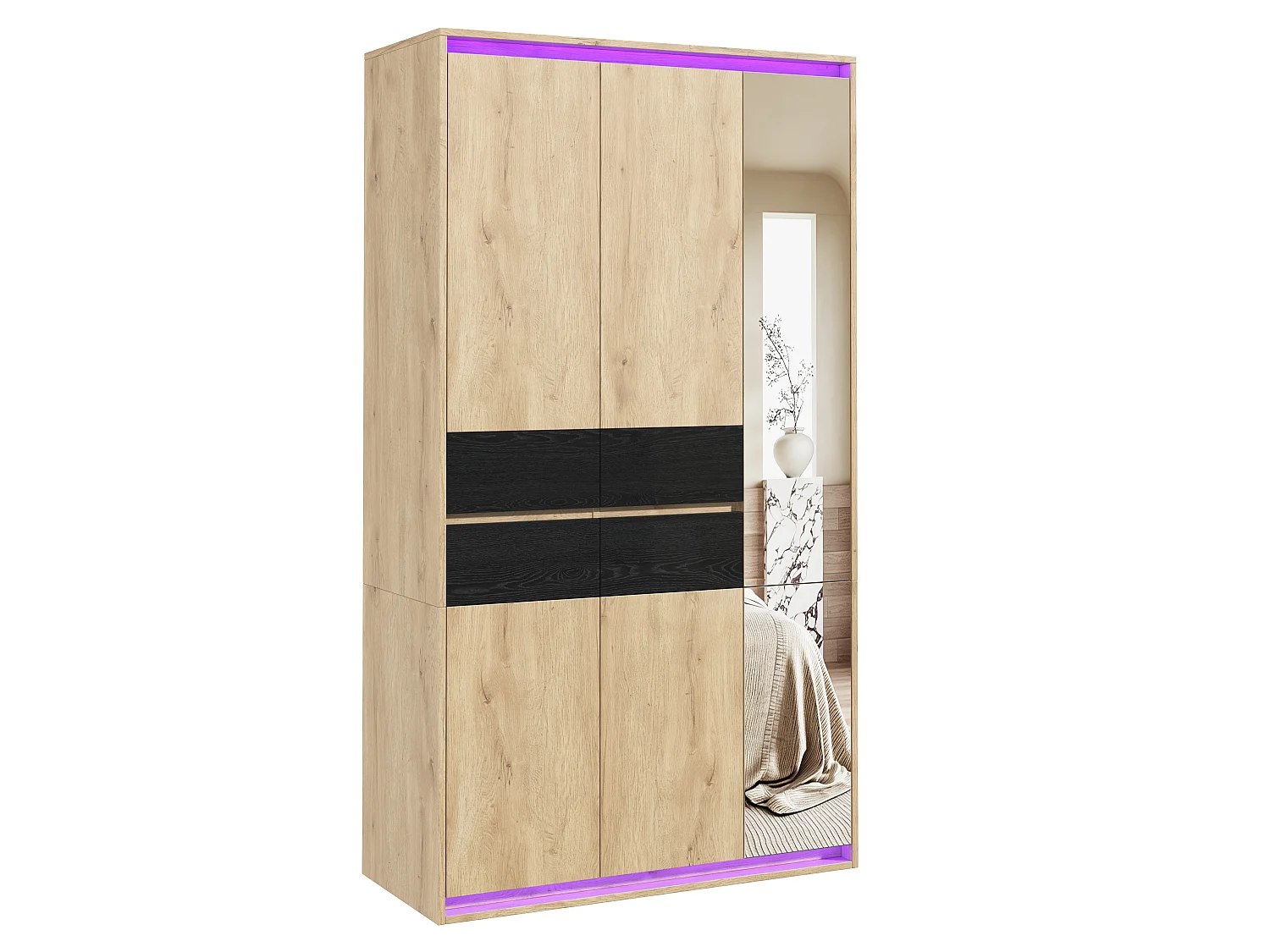 Armoire Penderie 110x200cm en Chêne avec Miroir & LED - Grand Meuble de Rangement avec 2 Tringles, 4 Tiroirs & 9 Niches - Naturel