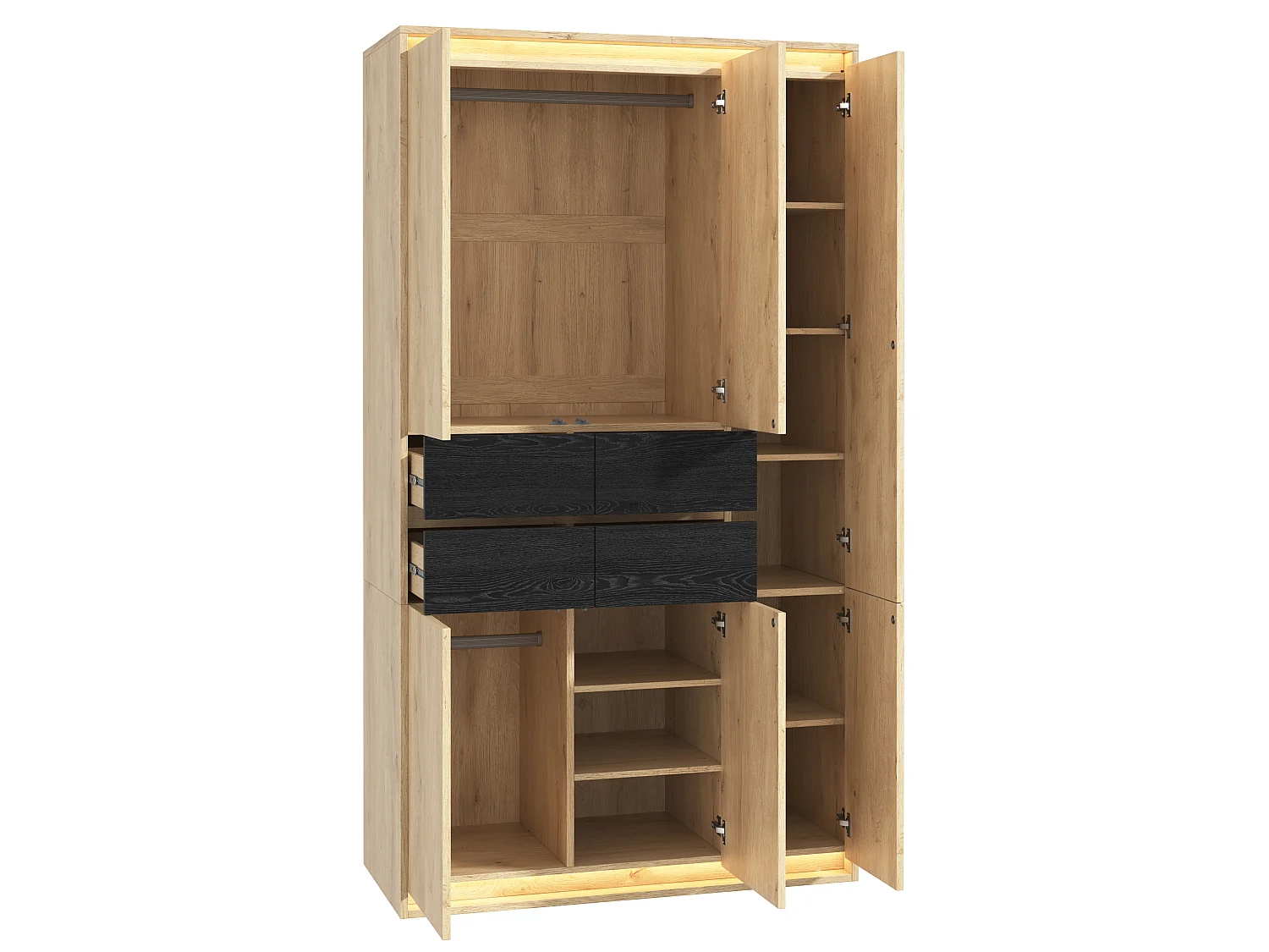 Armoire Penderie 110x200cm en Chêne avec Miroir & LED - Grand Meuble de Rangement avec 2 Tringles, 4 Tiroirs & 9 Niches - Naturel