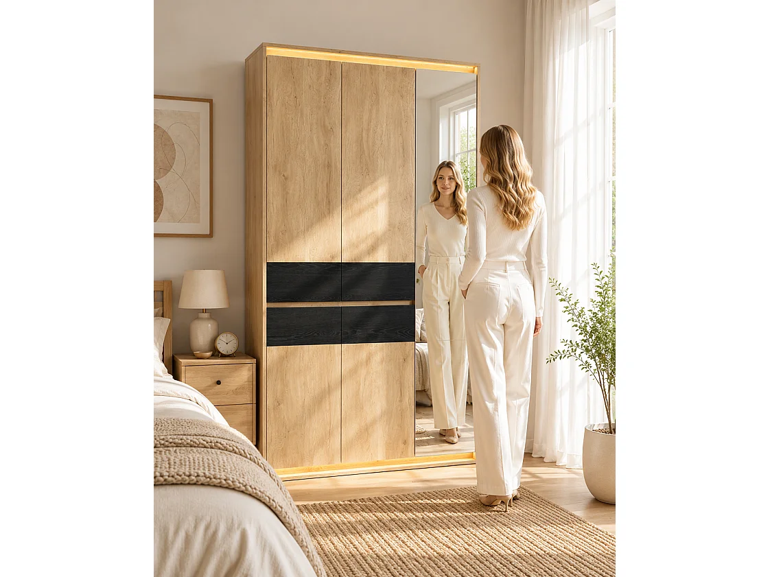 Armoire Penderie 110x200cm en Chêne avec Miroir & LED - Grand Meuble de Rangement avec 2 Tringles, 4 Tiroirs & 9 Niches - Naturel