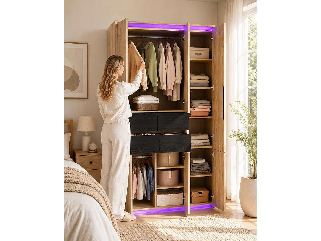 Armoire Penderie 110x200cm en Chêne avec Miroir & LED - Grand Meuble de Rangement avec 2 Tringles, 4 Tiroirs & 9 Niches - Naturel