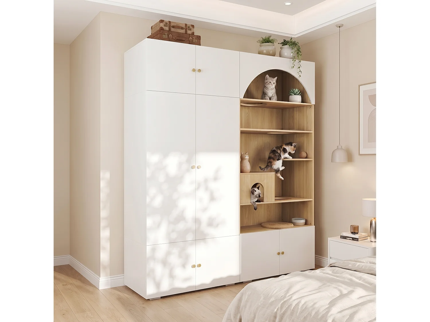 Duża Szafa Garderobiana 2 w 1 180x200 cm - z Garderobą, Ścieżką do Wspinaczki dla Kota, Budką i 7 Wnękami - Biała i Naturalna