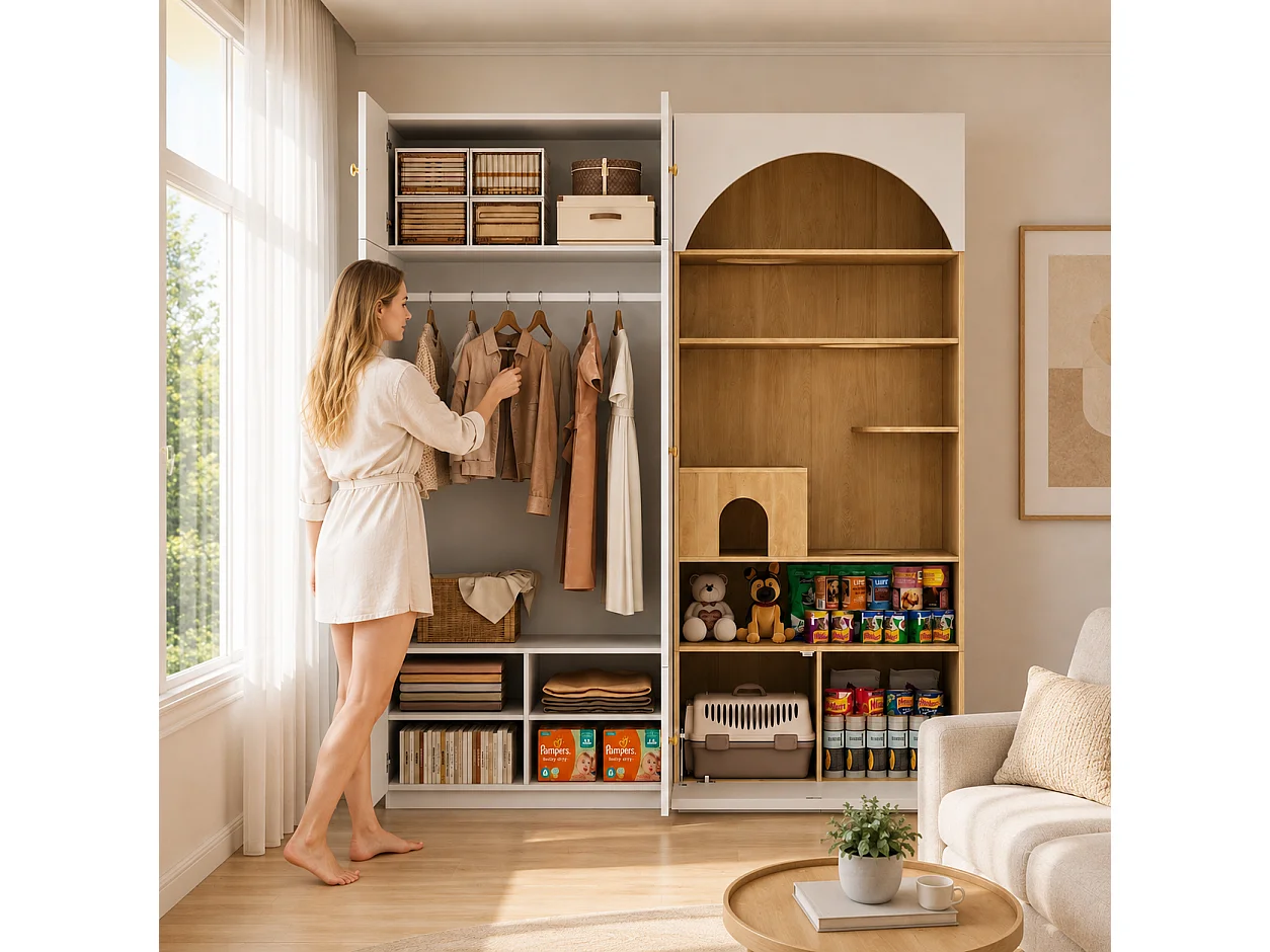 Duża Szafa Garderobiana 2 w 1 180x200 cm - z Garderobą, Ścieżką do Wspinaczki dla Kota, Budką i 7 Wnękami - Biała i Naturalna