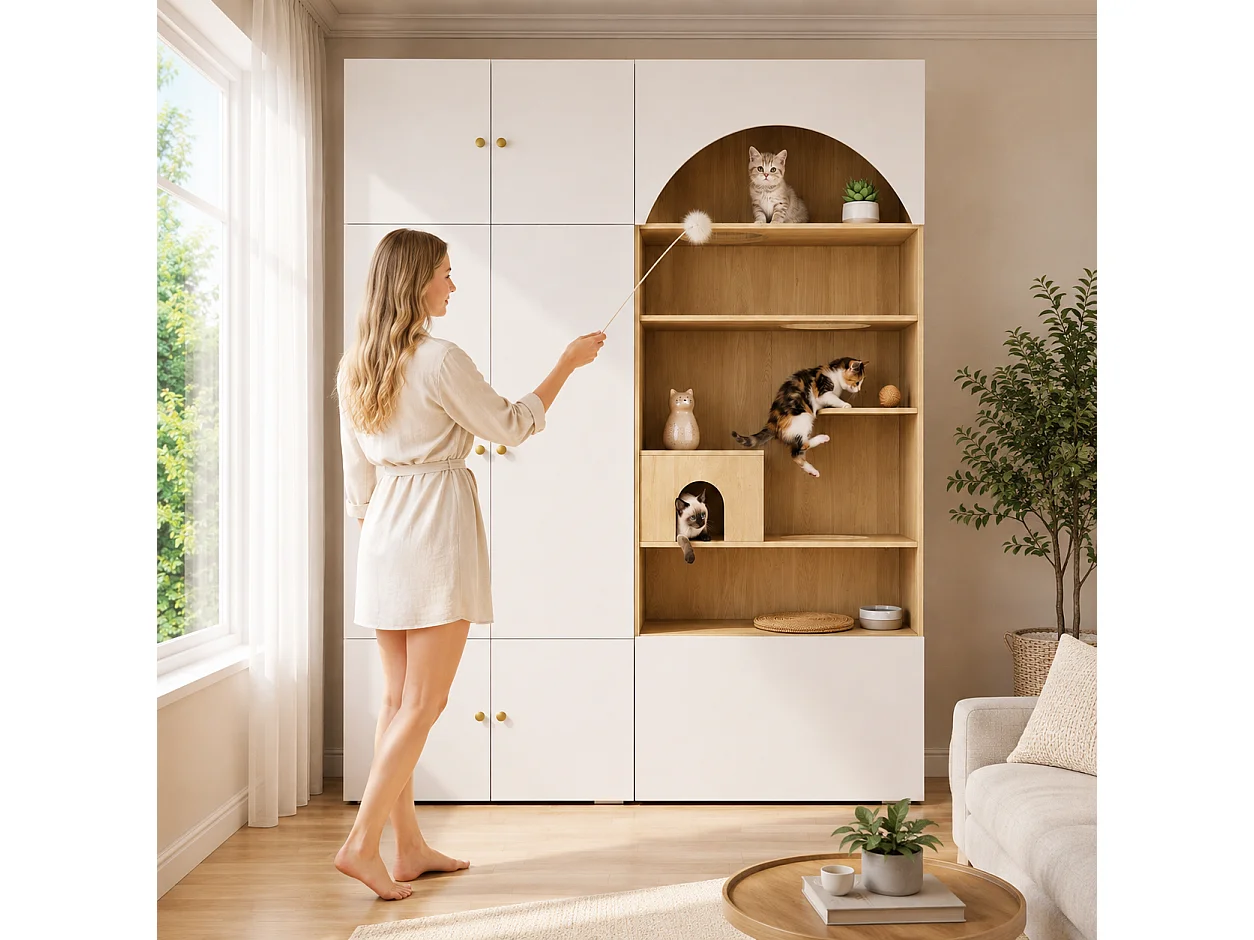 Duża Szafa Garderobiana 2 w 1 180x200 cm - z Garderobą, Ścieżką do Wspinaczki dla Kota, Budką i 7 Wnękami - Biała i Naturalna
