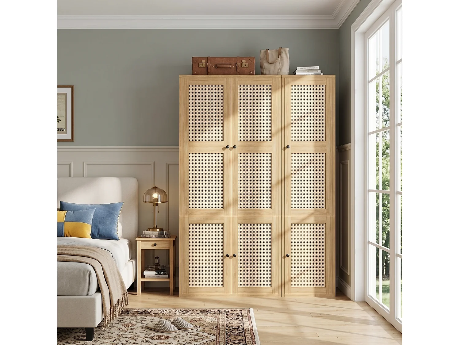 135x200 cm Wardrobe with Rattan Doors - Large Storage Cabinet with 2 Hanging Rails, 6 Drawers & 4 Compartments - Natural