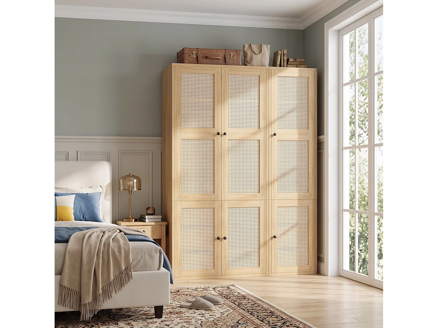 135x200 cm Wardrobe with Rattan Doors - Large Storage Cabinet with 2 Hanging Rails, 6 Drawers & 4 Compartments - Natural