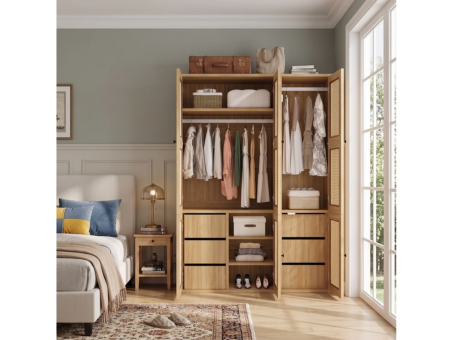 135x200 cm Wardrobe with Rattan Doors - Large Storage Cabinet with 2 Hanging Rails, 6 Drawers & 4 Compartments - Natural
