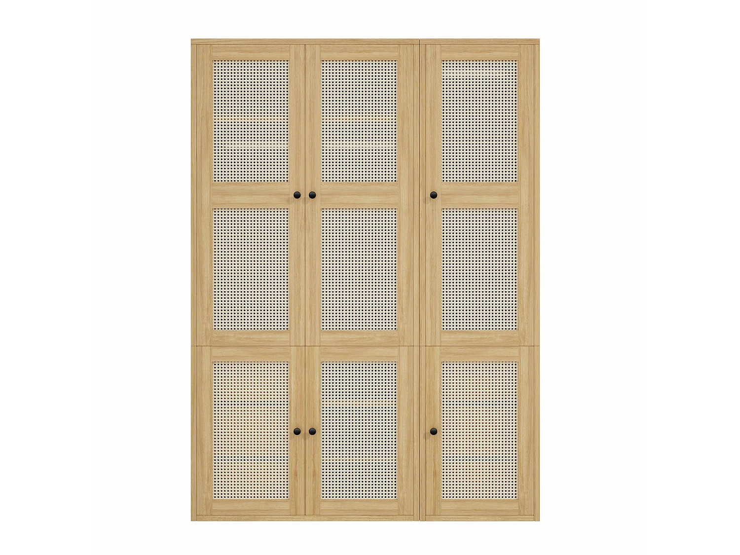135x200 cm Wardrobe with Rattan Doors - Large Storage Cabinet with 2 Hanging Rails, 6 Drawers & 4 Compartments - Natural