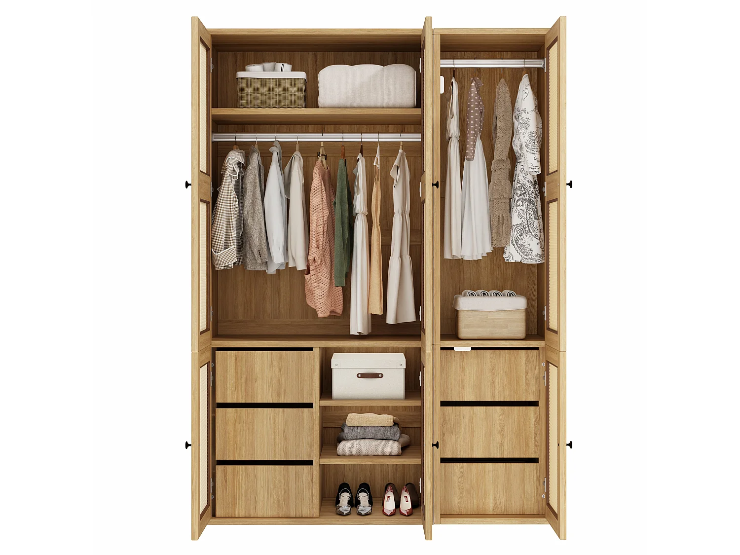 135x200 cm Wardrobe with Rattan Doors - Large Storage Cabinet with 2 Hanging Rails, 6 Drawers & 4 Compartments - Natural
