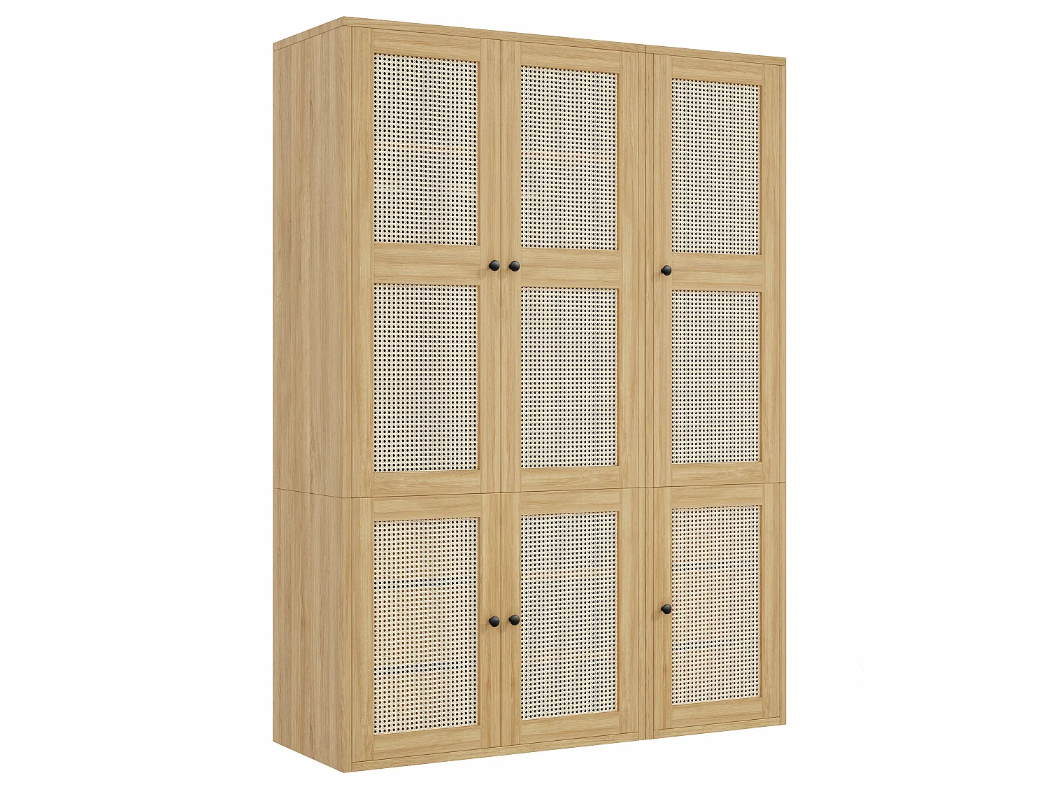135x200 cm Wardrobe with Rattan Doors - Large Storage Cabinet with 2 Hanging Rails, 6 Drawers & 4 Compartments - Natural