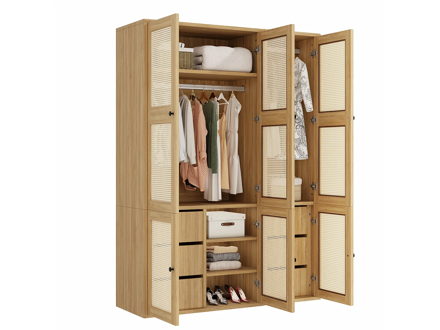 135x200 cm Wardrobe with Rattan Doors - Large Storage Cabinet with 2 Hanging Rails, 6 Drawers & 4 Compartments - Natural