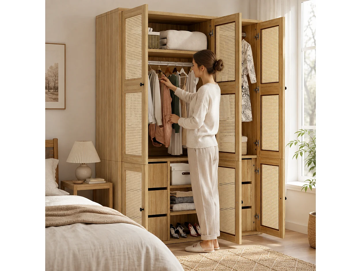 135x200 cm Wardrobe with Rattan Doors - Large Storage Cabinet with 2 Hanging Rails, 6 Drawers & 4 Compartments - Natural