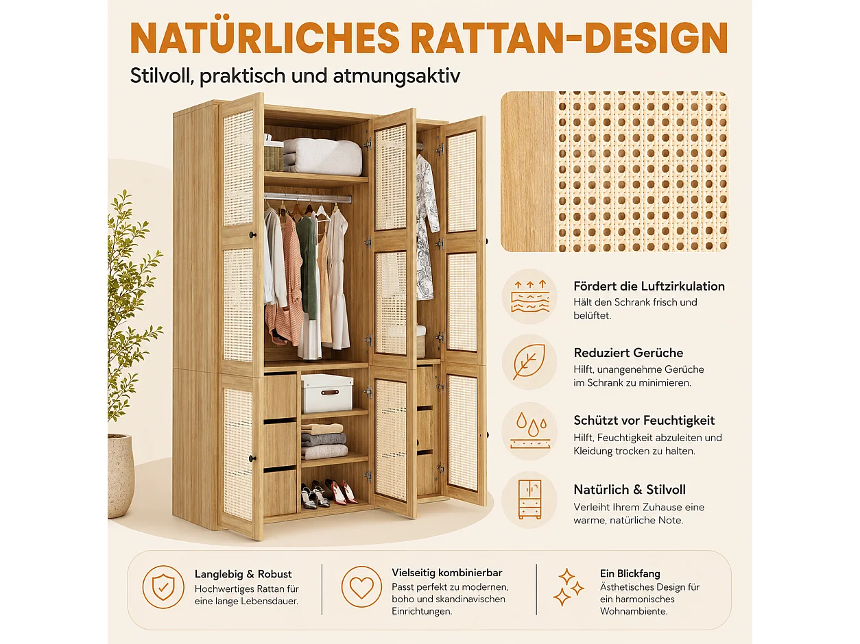 135x200 cm Wardrobe with Rattan Doors - Large Storage Cabinet with 2 Hanging Rails, 6 Drawers & 4 Compartments - Natural