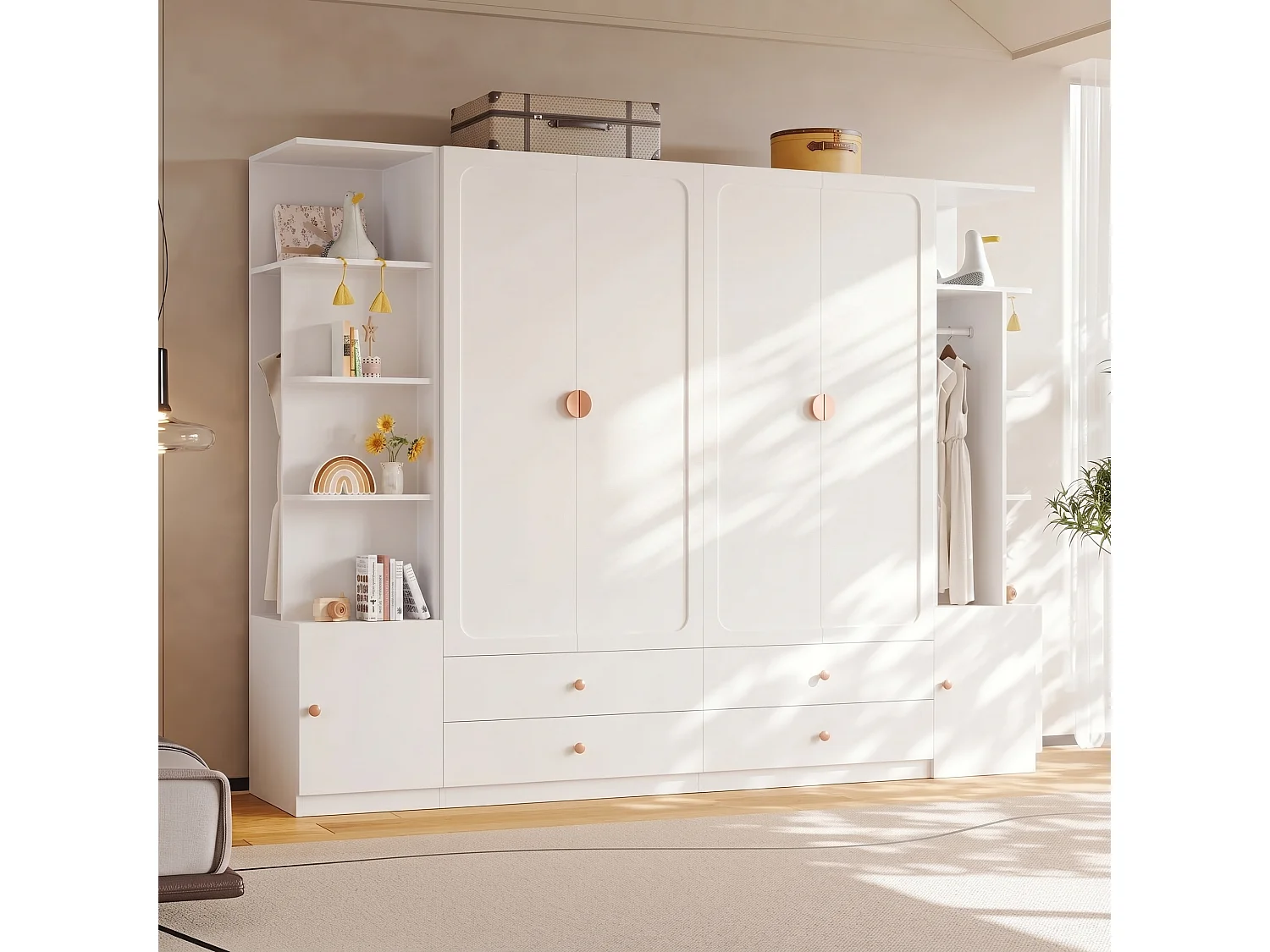 Großer Kleiderschrank 270x200 cm mit Griffen aus Massivholz - XXL-Aufbewahrungsschrank mit 6 Türen, 4 Kleiderstangen & 4 Schubladen - Weiß