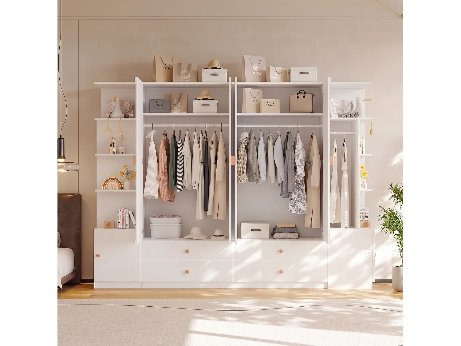 Großer Kleiderschrank 270x200 cm mit Griffen aus Massivholz - XXL-Aufbewahrungsschrank mit 6 Türen, 4 Kleiderstangen & 4 Schubladen - Weiß