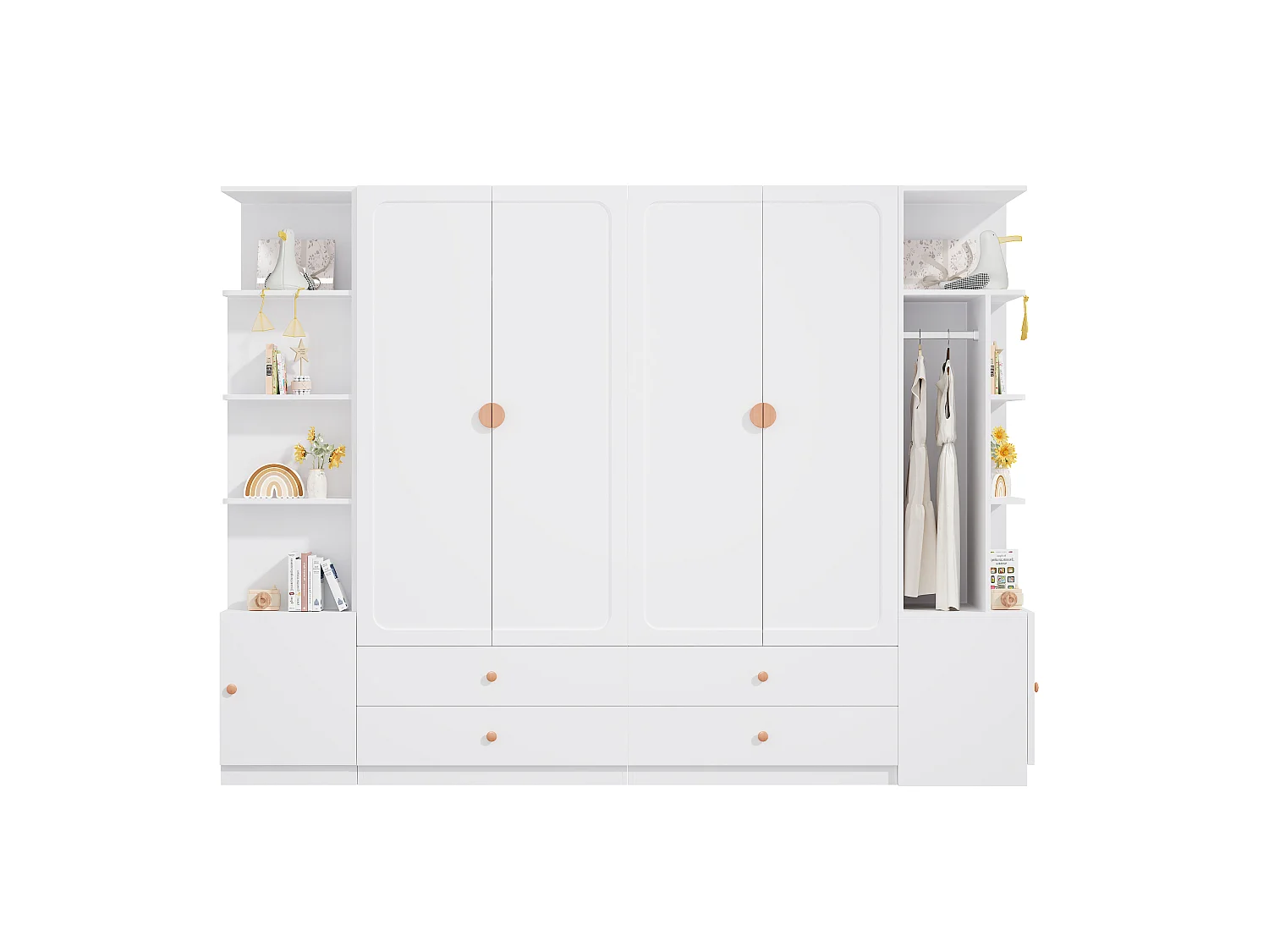 Großer Kleiderschrank 270x200 cm mit Griffen aus Massivholz - XXL-Aufbewahrungsschrank mit 6 Türen, 4 Kleiderstangen & 4 Schubladen - Weiß