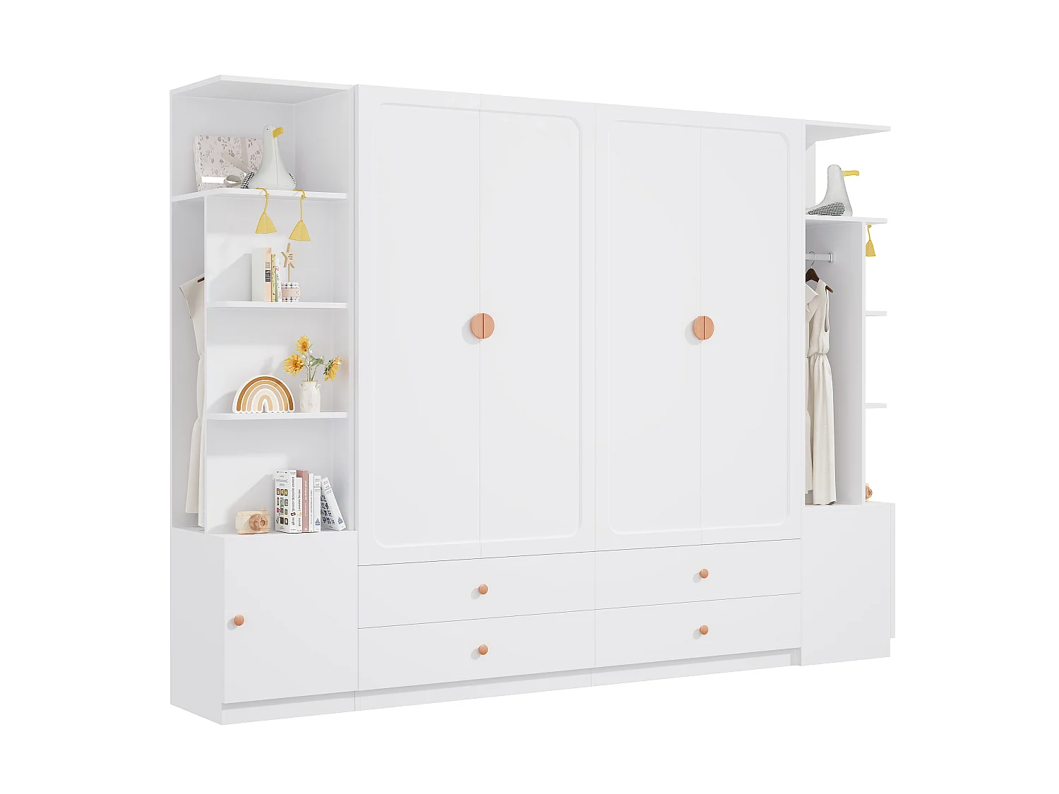Großer Kleiderschrank 270x200 cm mit Griffen aus Massivholz - XXL-Aufbewahrungsschrank mit 6 Türen, 4 Kleiderstangen & 4 Schubladen - Weiß