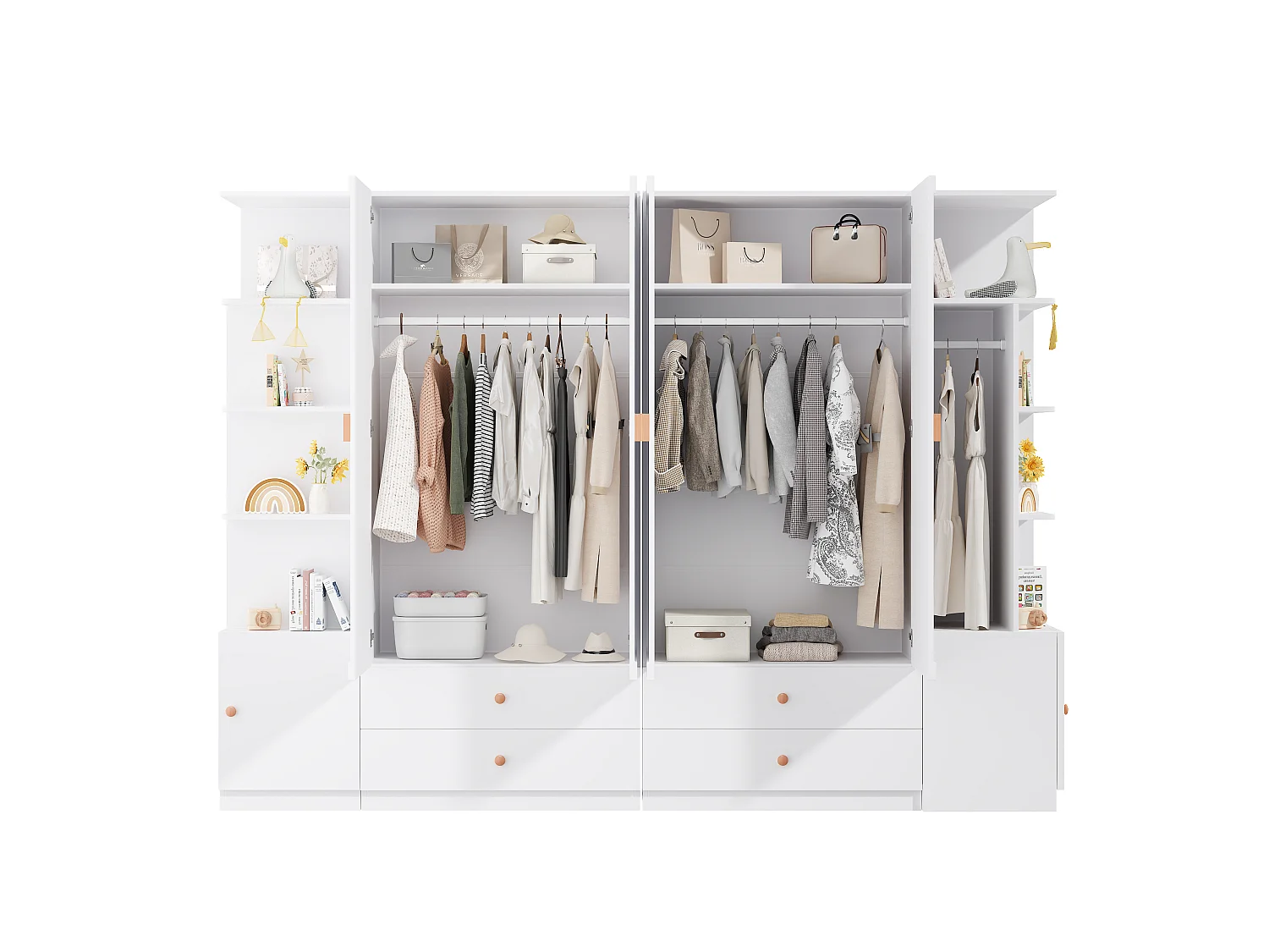 Großer Kleiderschrank 270x200 cm mit Griffen aus Massivholz - XXL-Aufbewahrungsschrank mit 6 Türen, 4 Kleiderstangen & 4 Schubladen - Weiß