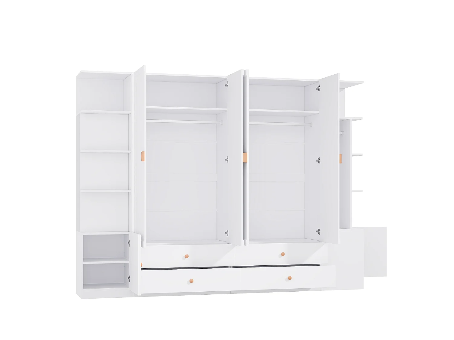 Großer Kleiderschrank 270x200 cm mit Griffen aus Massivholz - XXL-Aufbewahrungsschrank mit 6 Türen, 4 Kleiderstangen & 4 Schubladen - Weiß