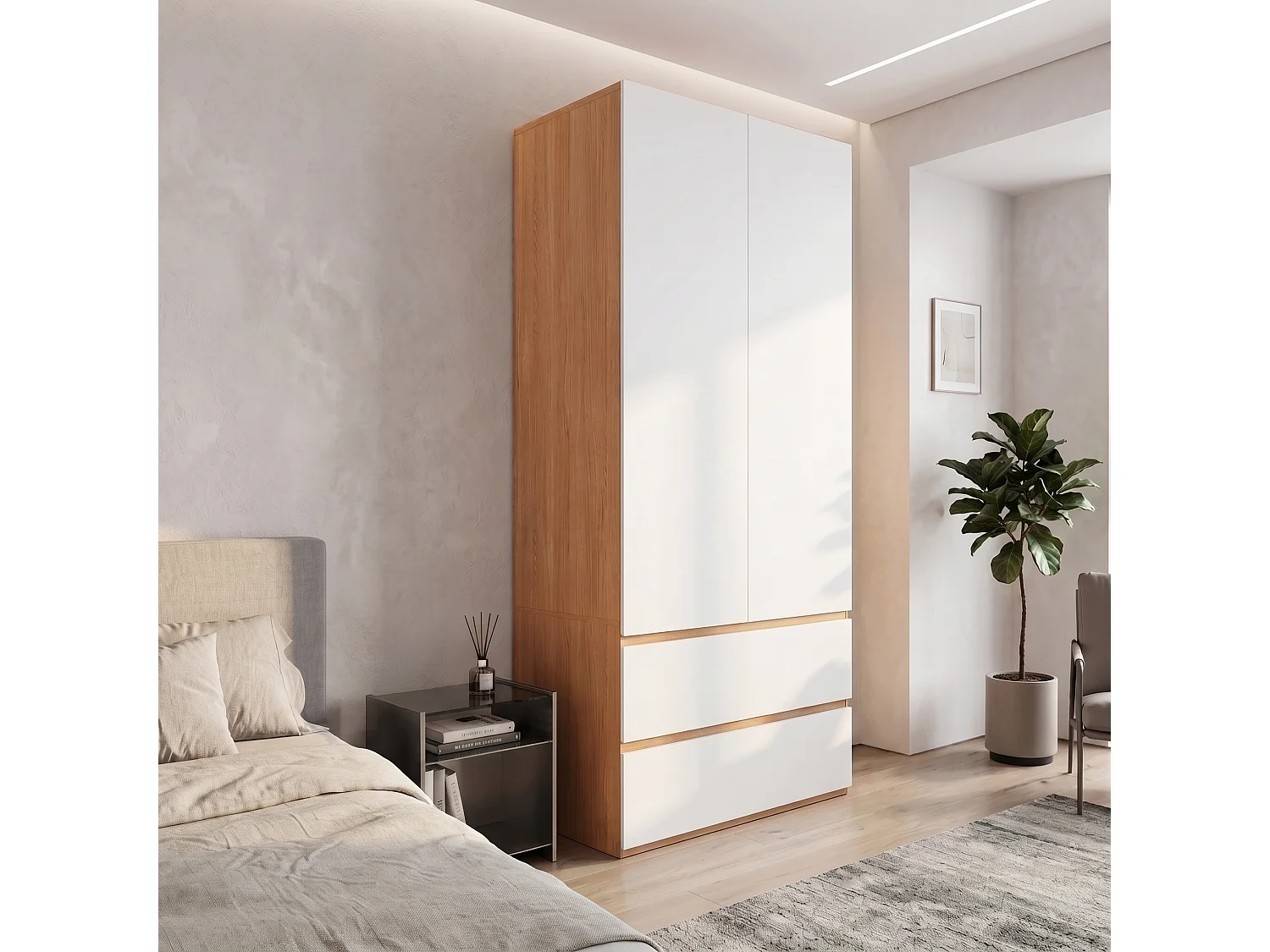 Szafa Garderobiana 90x200 cm - Nowoczesny Mebel do Przechowywania z 2 Drzwiami, 1 Drążkiem na Ubrania, Półką i 2 Szufladami - Biała