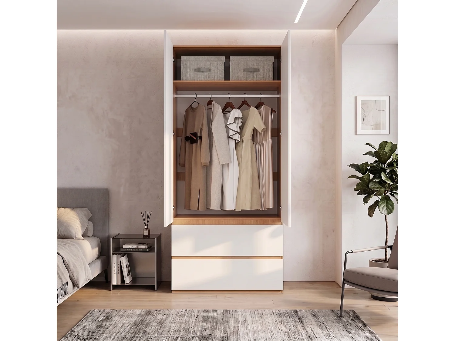 Szafa Garderobiana 90x200 cm - Nowoczesny Mebel do Przechowywania z 2 Drzwiami, 1 Drążkiem na Ubrania, Półką i 2 Szufladami - Biała