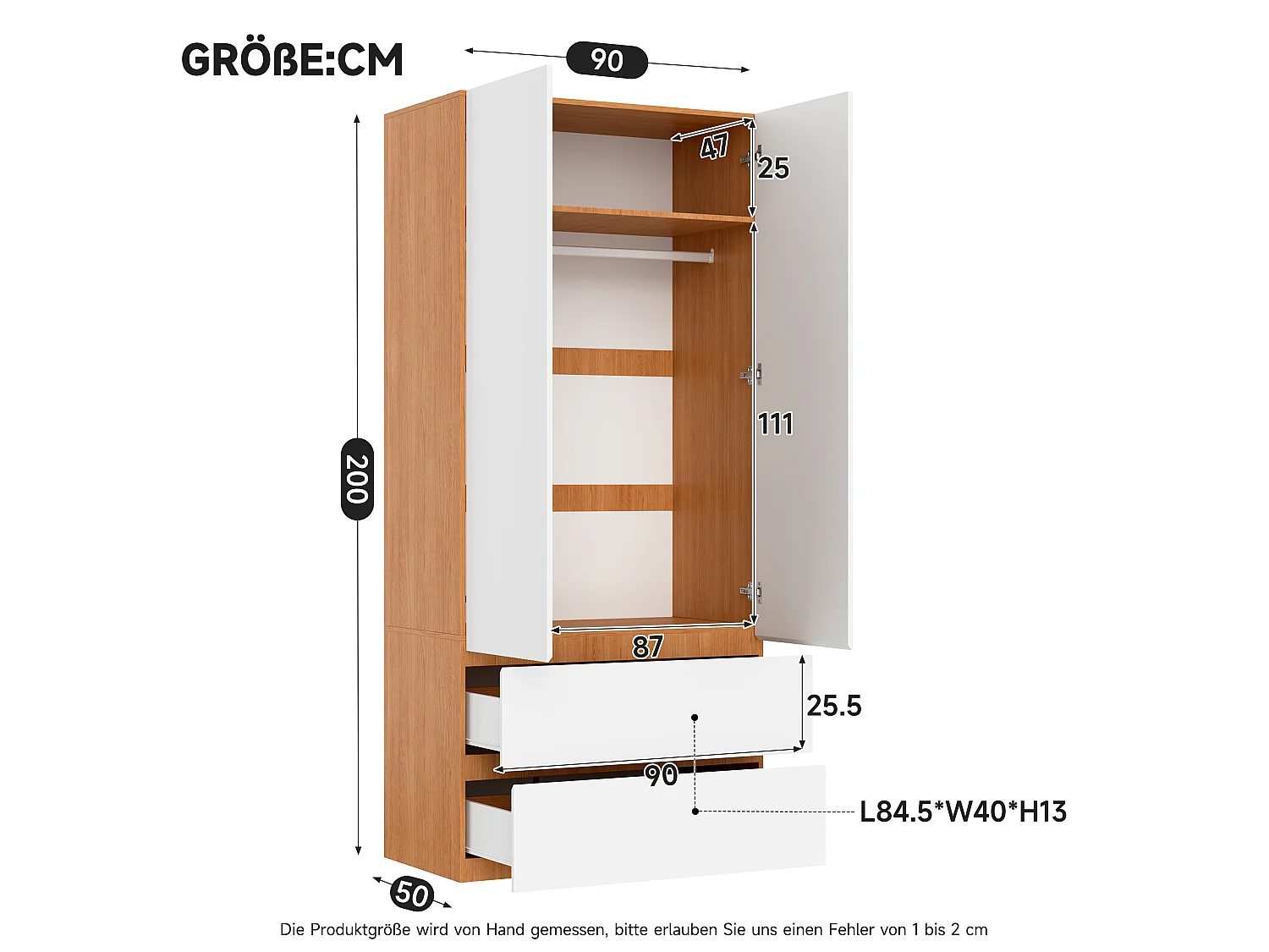 Szafa Garderobiana 90x200 cm - Nowoczesny Mebel do Przechowywania z 2 Drzwiami, 1 Drążkiem na Ubrania, Półką i 2 Szufladami - Biała