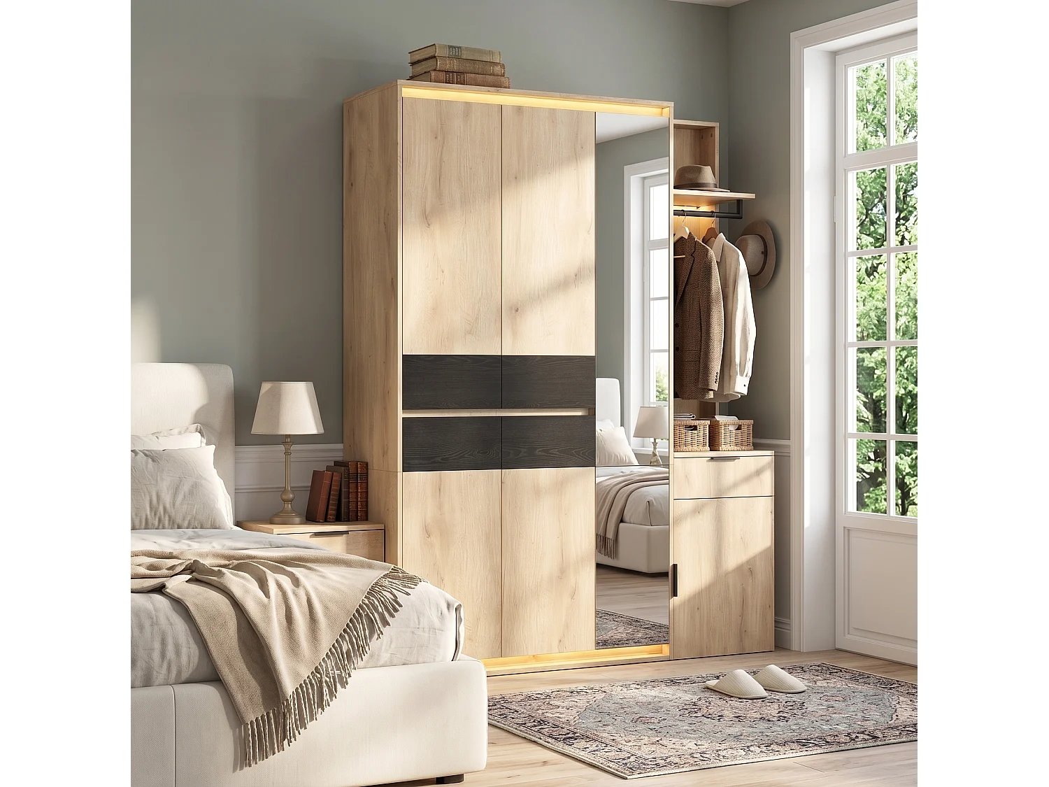 Armoire Penderie 155cm - Meuble de Rangement avec Miroir, 3 Tringles, 5 Tiroirs & Triple LED - Naturel et Anthracite