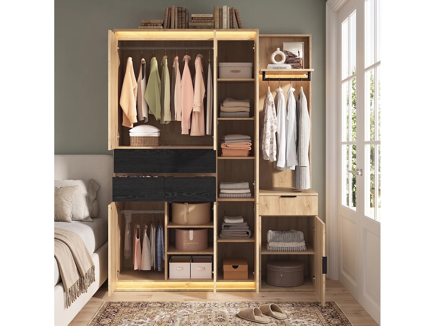 Armoire Penderie 155cm - Meuble de Rangement avec Miroir, 3 Tringles, 5 Tiroirs & Triple LED - Naturel et Anthracite