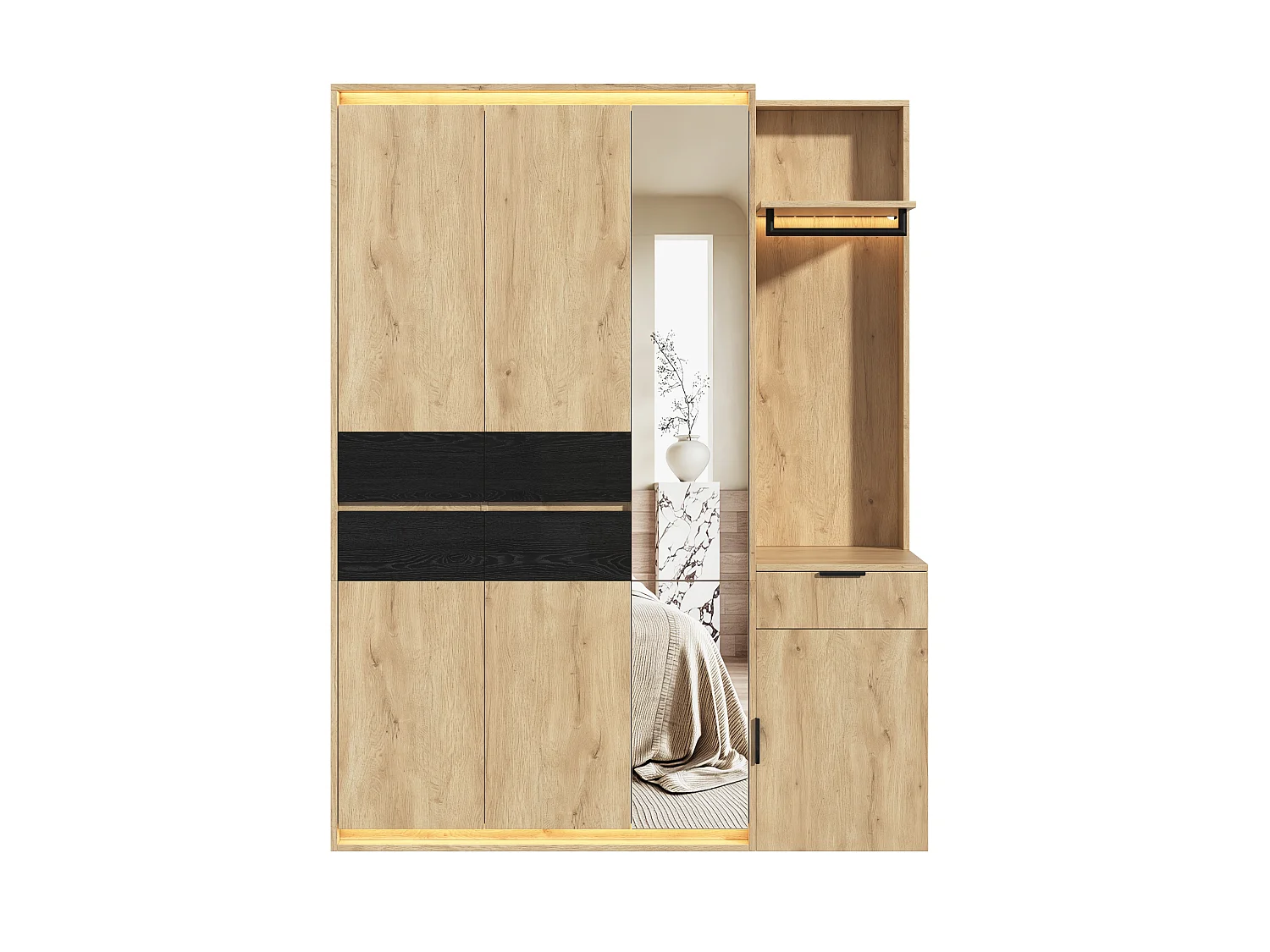 Armoire Penderie 155cm - Meuble de Rangement avec Miroir, 3 Tringles, 5 Tiroirs & Triple LED - Naturel et Anthracite