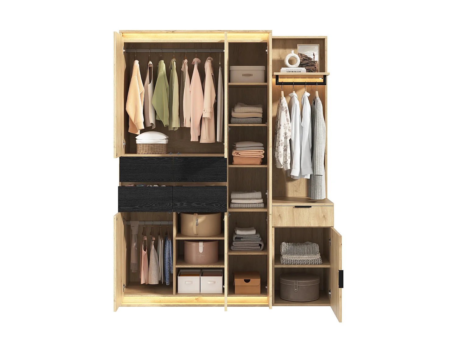 Armoire Penderie 155cm - Meuble de Rangement avec Miroir, 3 Tringles, 5 Tiroirs & Triple LED - Naturel et Anthracite