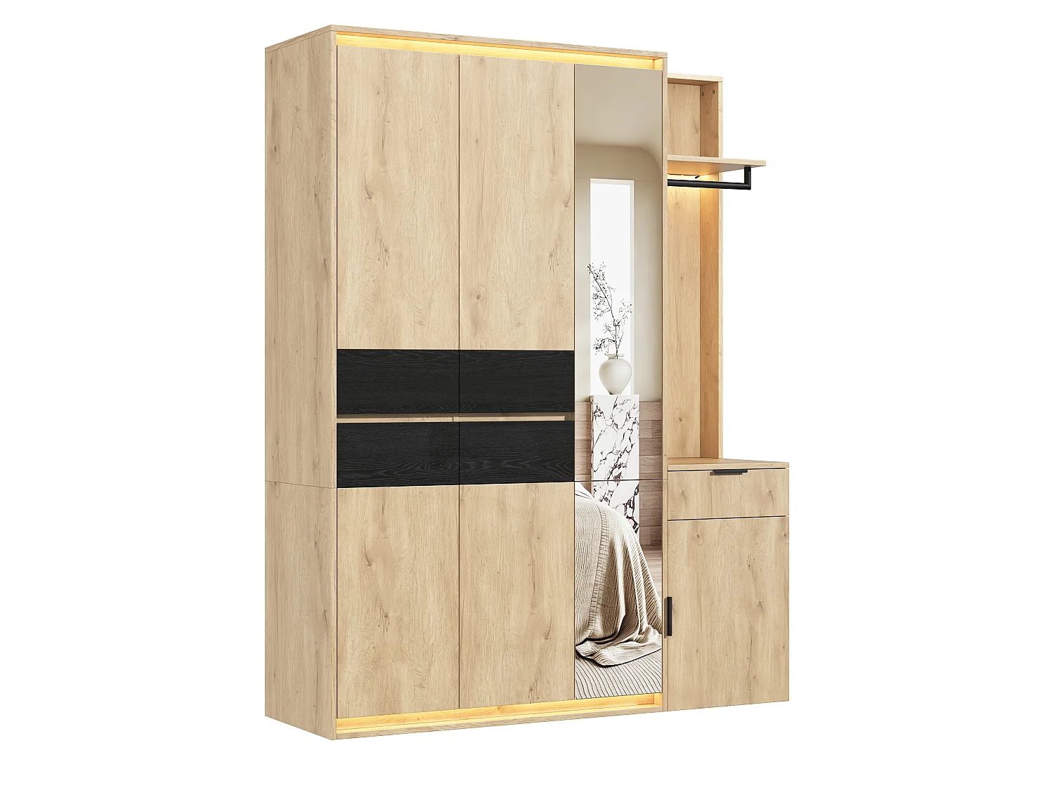 Armoire Penderie 155cm - Meuble de Rangement avec Miroir, 3 Tringles, 5 Tiroirs & Triple LED - Naturel et Anthracite